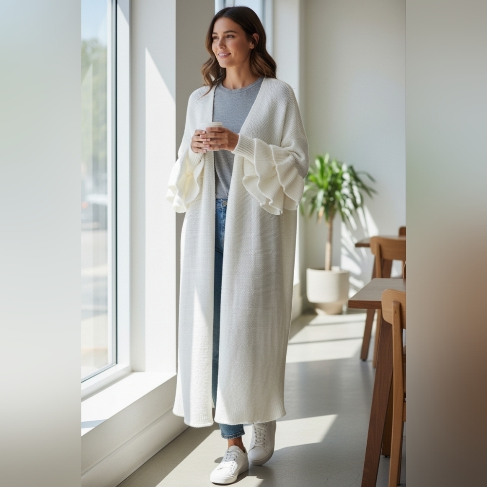 BooHoo Women's White Bell Sleeve Open Front Long Sweater Cardigan OverSize S/M